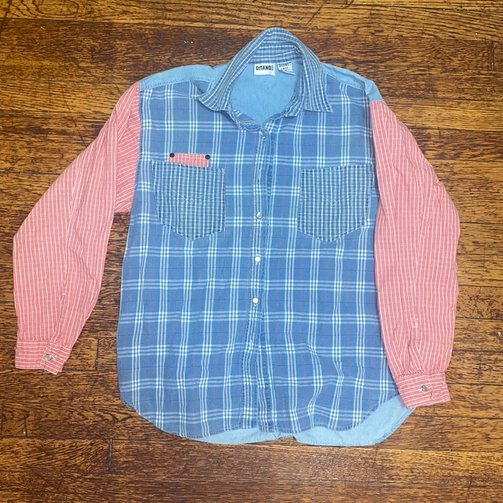 Vintage Patchwork Plaid and Denim Button-Down